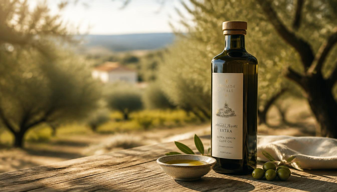Garrisson Tavern Olive Oil Trade Floor — cold-pressed house olive oils, barrel trade and ledger kept in the office A dark green olive oil bottle with wooden cap and white label on a rustic wooden table in an olive grove, representing the Garrisson Tavern Olive Oil Trade Floor
